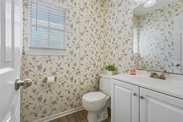 bathroom with vanity, hardwood / wood-style flooring, and toilet