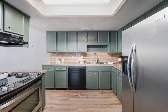 kitchen with appliances with stainless steel finishes, sink, backsplash, green cabinetry, and light wood-type flooring