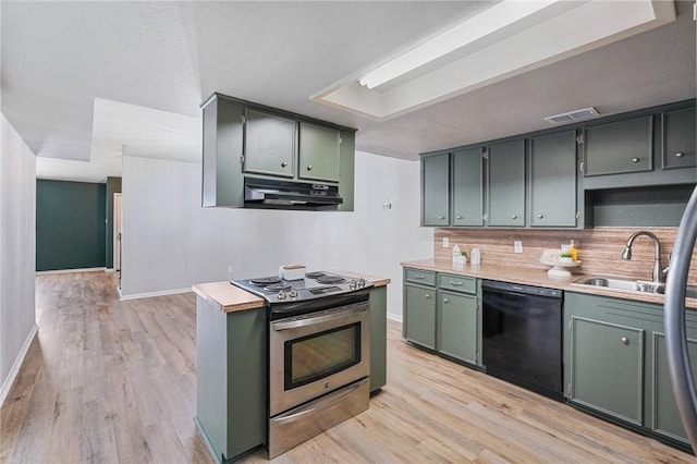 kitchen featuring sink, light hardwood / wood-style flooring, black dishwasher, green cabinets, and electric stove