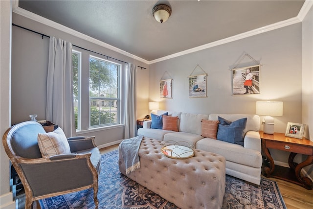 living room with hardwood / wood-style flooring and crown molding