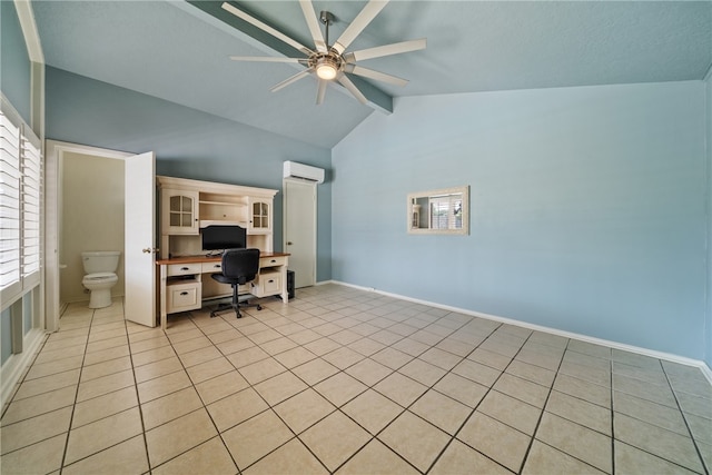 tiled office space featuring lofted ceiling with beams, ceiling fan, and a wall unit AC