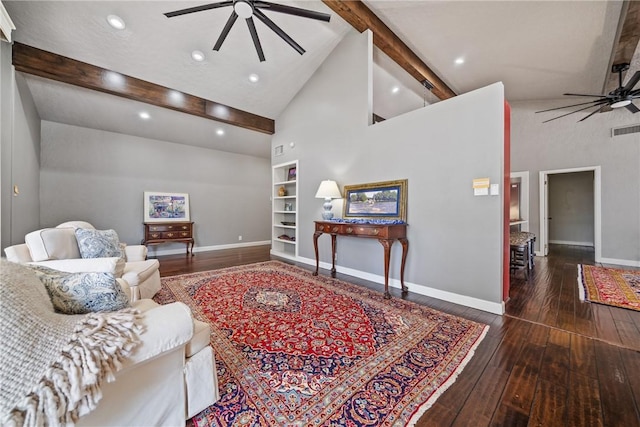 living room with built in shelves, dark hardwood / wood-style floors, high vaulted ceiling, and beam ceiling