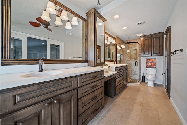 bathroom with ceiling fan, walk in shower, tile patterned flooring, toilet, and vanity