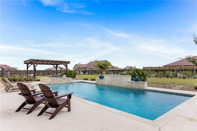 view of swimming pool with a yard, fence, a pergola, and a patio