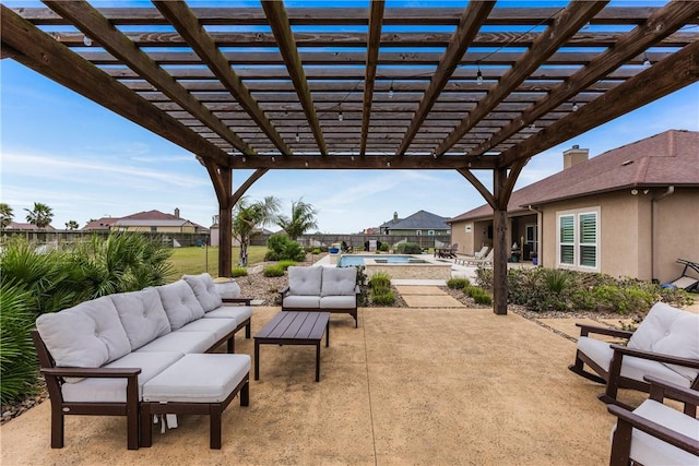 view of patio / terrace featuring a pergola, outdoor lounge area, and a fenced in pool