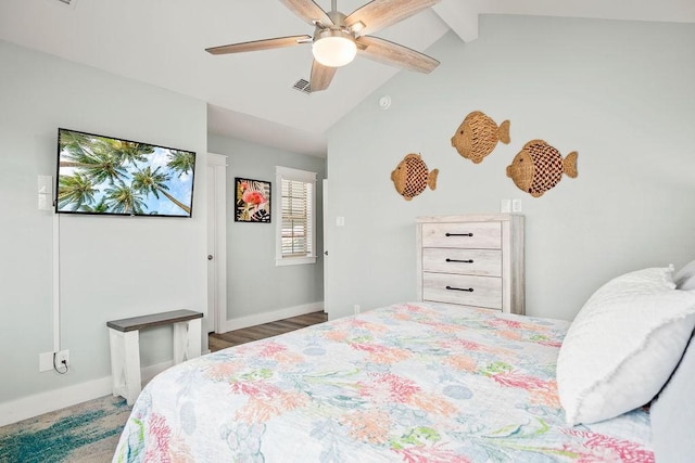 bedroom with a ceiling fan, visible vents, lofted ceiling with beams, and baseboards