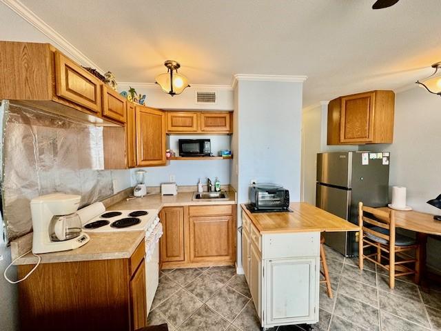 kitchen featuring crown molding, stainless steel fridge, sink, and electric range