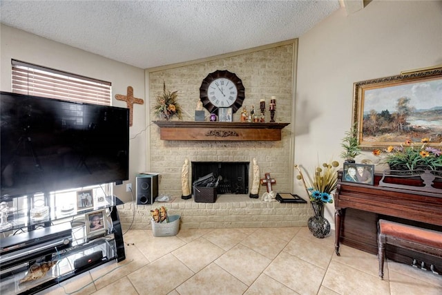 living room featuring lofted ceiling, tile patterned flooring, a brick fireplace, and a textured ceiling