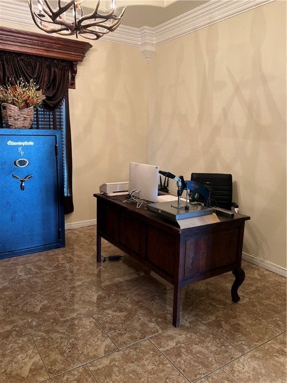 office with a chandelier and ornamental molding