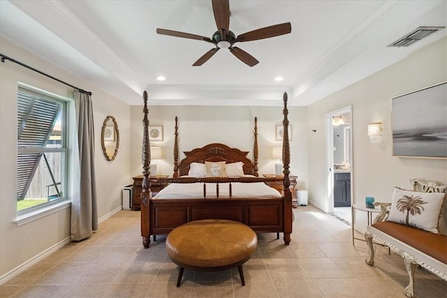 15825 Cozumel Dr, Corpus Christi, TX 78418 - bedroom with multiple windows, light tile patterned flooring, a raised ceiling, ornamental molding, and recessed lighting