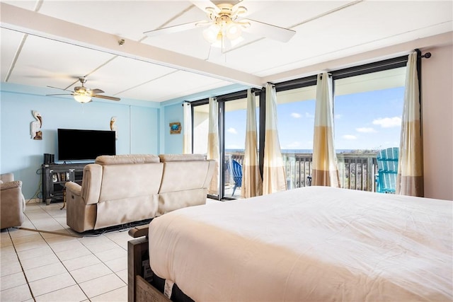 bedroom featuring ceiling fan, light tile patterned floors, and access to outside