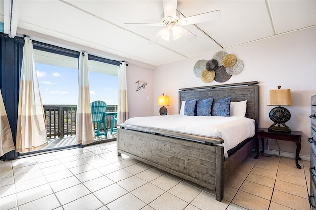 tiled bedroom featuring ceiling fan and access to outside