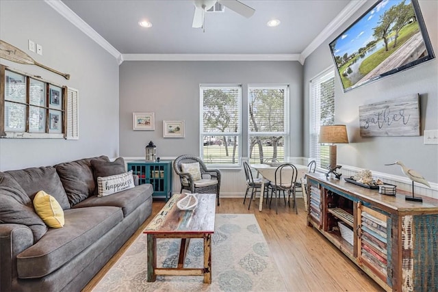 77 Augusta Cir, Aransas Pass, TX 78336 - living area with ornamental molding, light wood-type flooring, a ceiling fan, and recessed lighting
