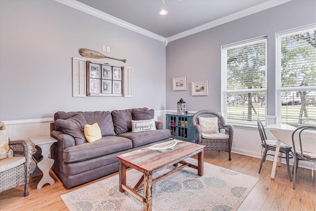 living room with ornamental molding, light wood-type flooring, and a healthy amount of sunlight