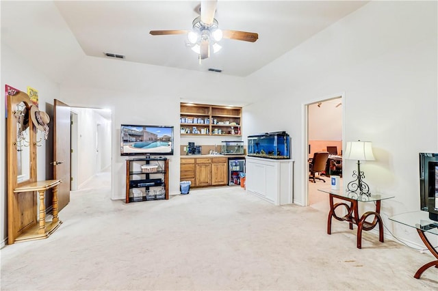 441 Colony Dr, Corpus Christi, TX 78412 - interior space with ceiling fan, light carpet, and visible vents
