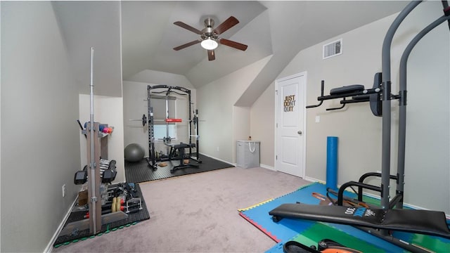 420 Palmer Dr, Portland, TX 78374 - workout room featuring ceiling fan, carpet flooring, baseboards, and vaulted ceiling