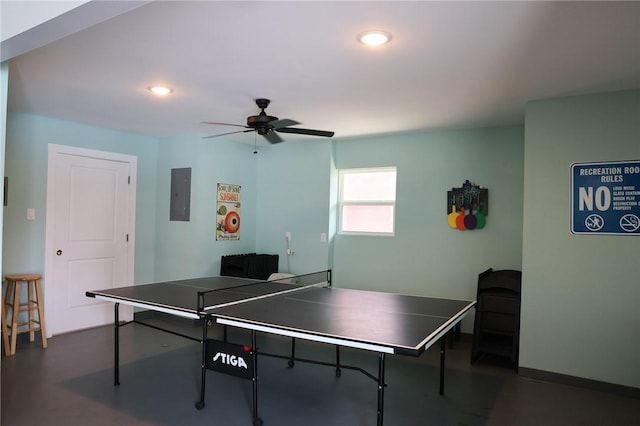 recreation room featuring electric panel and ceiling fan