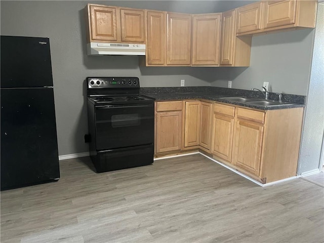 kitchen featuring light wood-type flooring, light brown cabinetry, sink, and black appliances