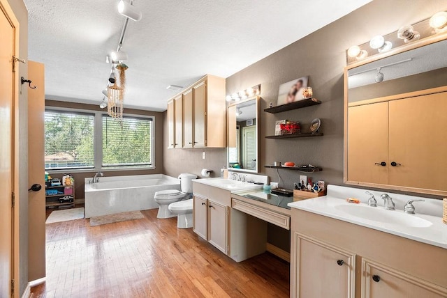 256 Melrose St, Corpus Christi, TX 78404 - bathroom featuring vanity, a garden tub, wood finished floors, a textured ceiling, and rail lighting