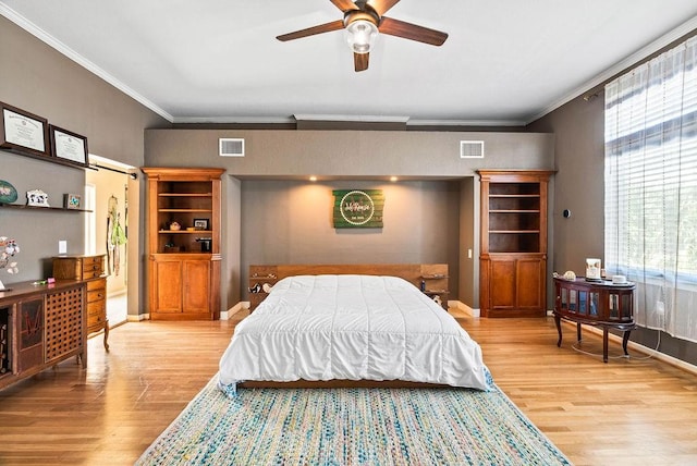 256 Melrose St, Corpus Christi, TX 78404 - bedroom with multiple windows, light wood finished floors, ornamental molding, and ceiling fan