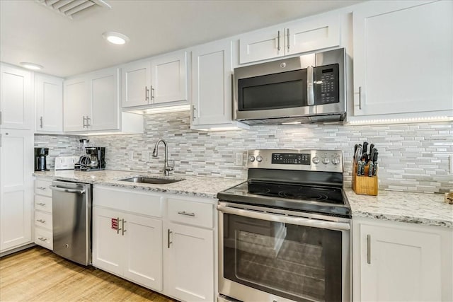 kitchen with light wood-style floors, white cabinets, a sink, backsplash, and stainless steel appliances