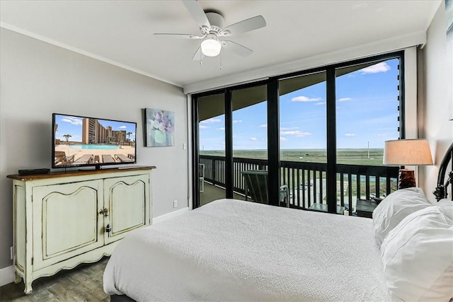 bedroom with ceiling fan, crown molding, baseboards, access to outside, and dark wood-type flooring