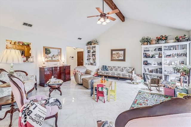 living room featuring vaulted ceiling with beams and ceiling fan