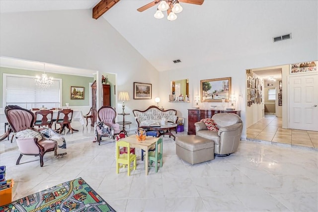 living room featuring ceiling fan with notable chandelier, beam ceiling, and high vaulted ceiling