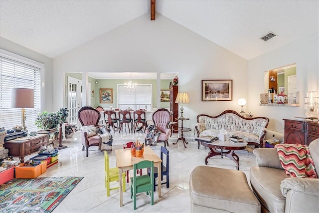 tiled living room with lofted ceiling with beams and a notable chandelier