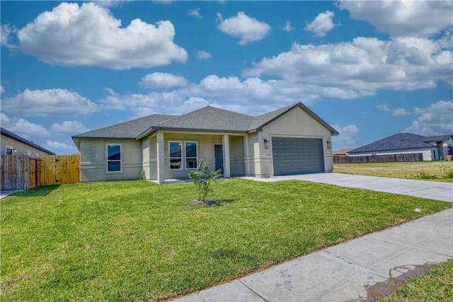 single story home featuring a front yard and a garage