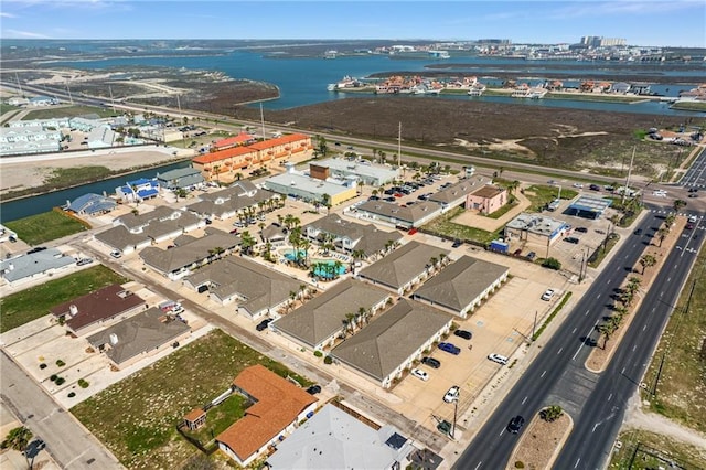 drone / aerial view featuring a water view