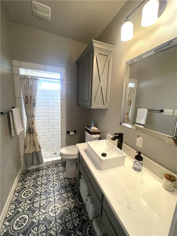 full bath with vanity, visible vents, a stall shower, tile patterned flooring, and toilet