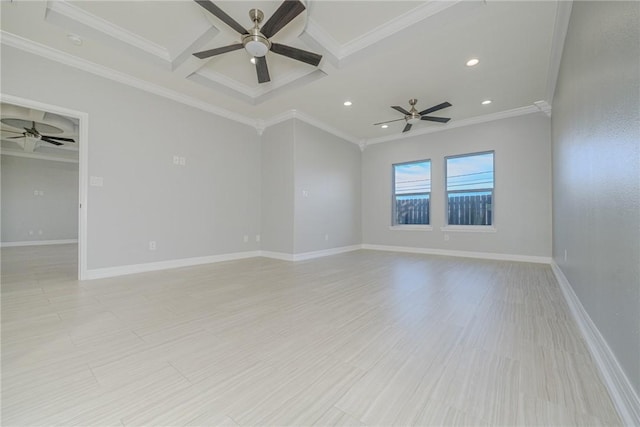 unfurnished room with crown molding, ceiling fan, coffered ceiling, and light hardwood / wood-style flooring