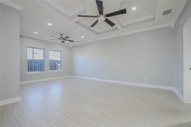 empty room with beamed ceiling, crown molding, coffered ceiling, and ceiling fan