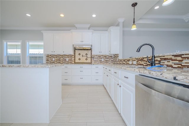 kitchen featuring white cabinetry, dishwasher, sink, and light stone countertops