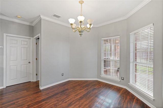 7705 Jacinto, Corpus Christi, TX 78413 - spare room featuring a chandelier, dark wood-type flooring, crown molding, and a smoke detector