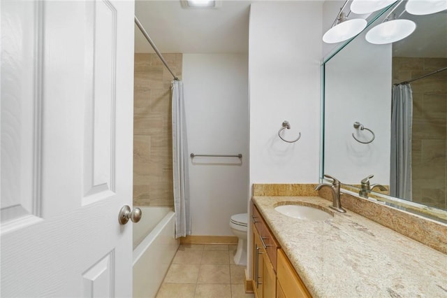 full bathroom featuring shower / bathtub combination with curtain, vanity, toilet, and tile patterned flooring