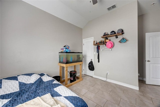 4009 Yankees Pl, Corpus Christi, TX 78414 - bedroom featuring baseboards, vaulted ceiling, light tile patterned floors, and a ceiling fan