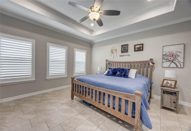 4009 Yankees Pl, Corpus Christi, TX 78414 - bedroom featuring a tray ceiling, ornamental molding, light tile patterned floors, baseboards, and a ceiling fan