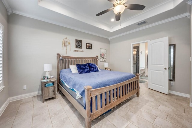 4009 Yankees Pl, Corpus Christi, TX 78414 - bedroom featuring a tray ceiling, ornamental molding, light tile patterned floors, baseboards, and ceiling fan