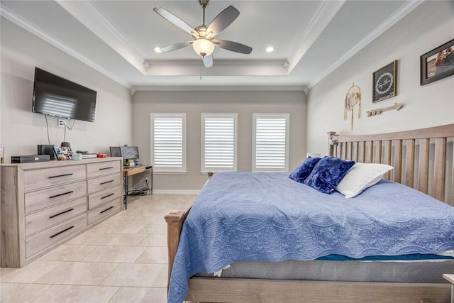 4009 Yankees Pl, Corpus Christi, TX 78414 - bedroom featuring a raised ceiling, light tile patterned floors, ornamental molding, a desk, and a ceiling fan