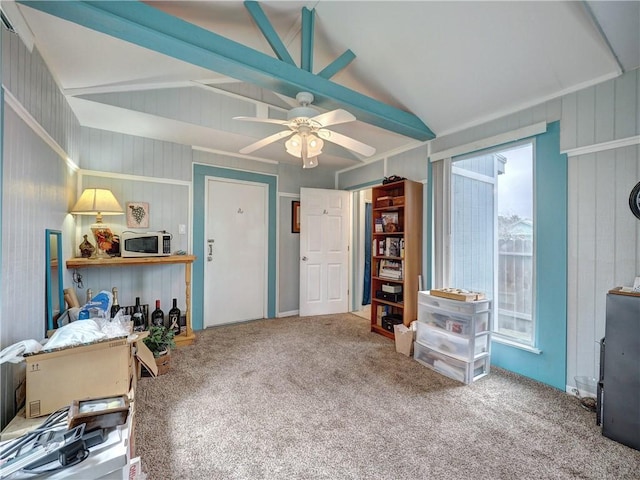 341 W Greenwood Ave, Aransas Pass, TX 78336 - interior space featuring vaulted ceiling, carpet, and ceiling fan