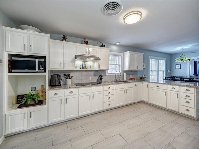 341 W Greenwood Ave, Aransas Pass, TX 78336 - kitchen with stainless steel microwave, a sink, black electric stovetop, white cabinets, and light stone countertops