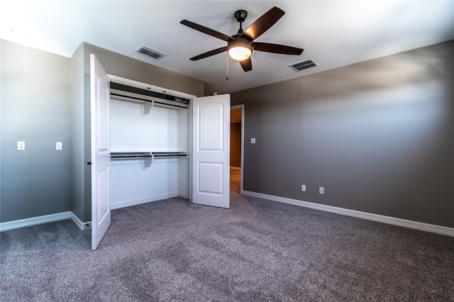 unfurnished bedroom with a closet, carpet flooring, and ceiling fan