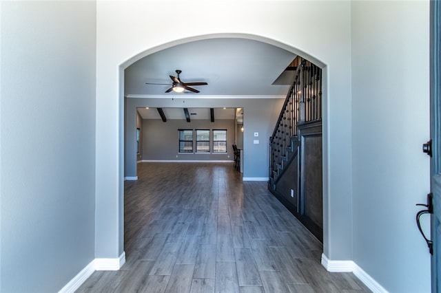 entrance foyer featuring ceiling fan, dark hardwood / wood-style floors, beam ceiling, and ornamental molding