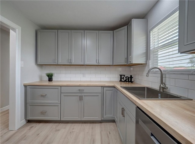 222 N 9th St, Aransas Pass, TX 78336 - kitchen with gray cabinets, stainless steel dishwasher, a sink, backsplash, and light wood-style flooring