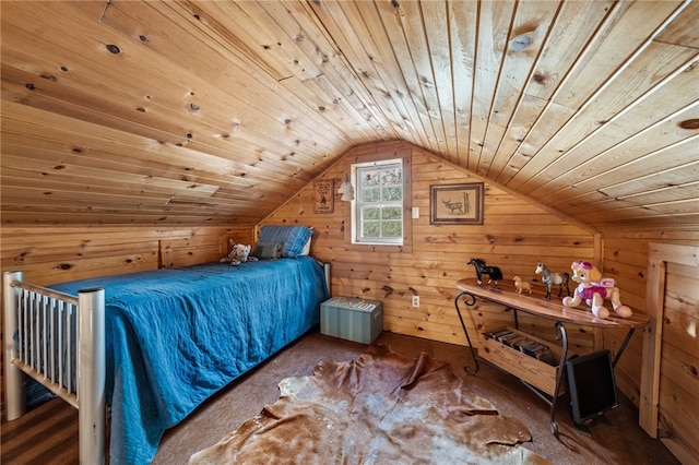 bedroom with wood walls, vaulted ceiling, and wooden ceiling