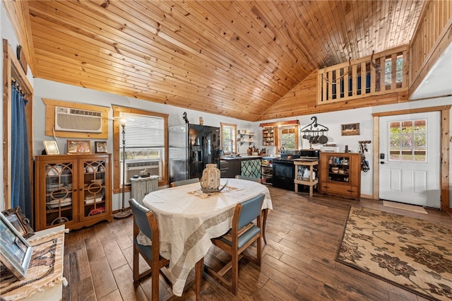 dining space featuring a wall unit AC, high vaulted ceiling, wood ceiling, cooling unit, and dark wood-type flooring