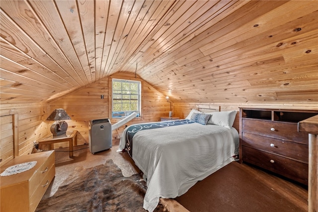 bedroom featuring wooden walls, vaulted ceiling, and wooden ceiling