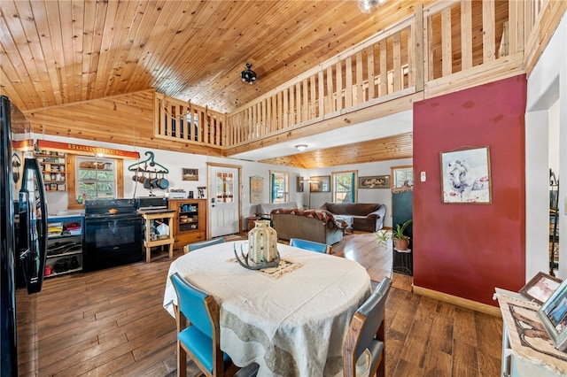 dining room featuring high vaulted ceiling, plenty of natural light, dark wood-type flooring, and wooden ceiling